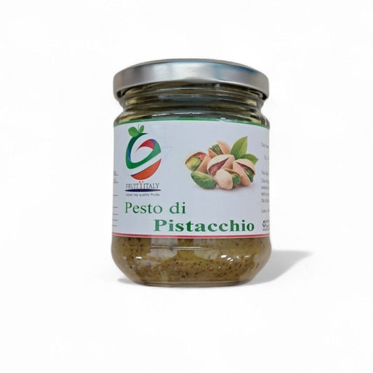 Pesto di pistacchio artigianale FruityItaly in vasetto di vetro, ideale per primi piatti e ricette gourmet