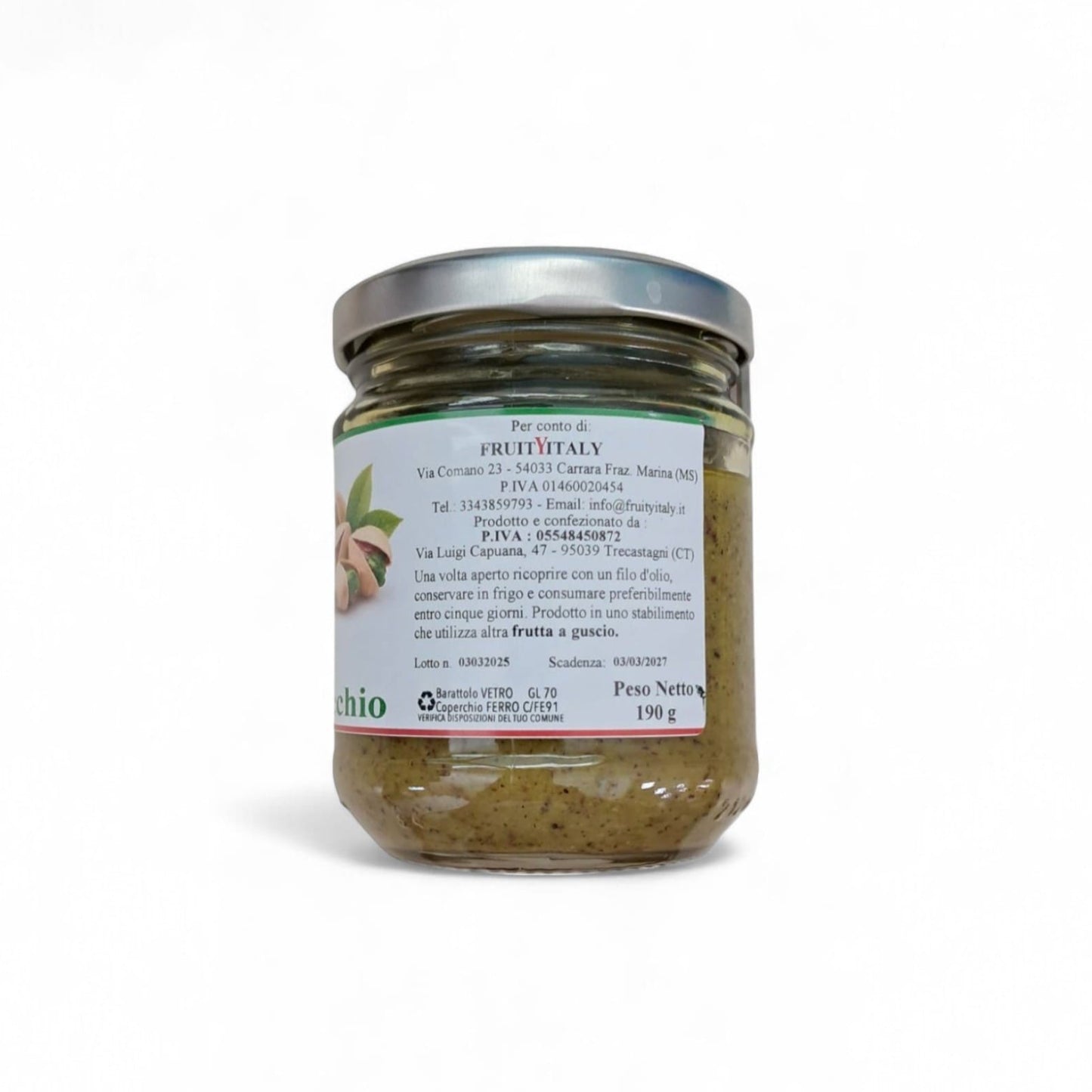 Etichetta retro del pesto di pistacchio FruityItaly con info su ingredienti, peso, conservazione e confezione artigianale siciliana