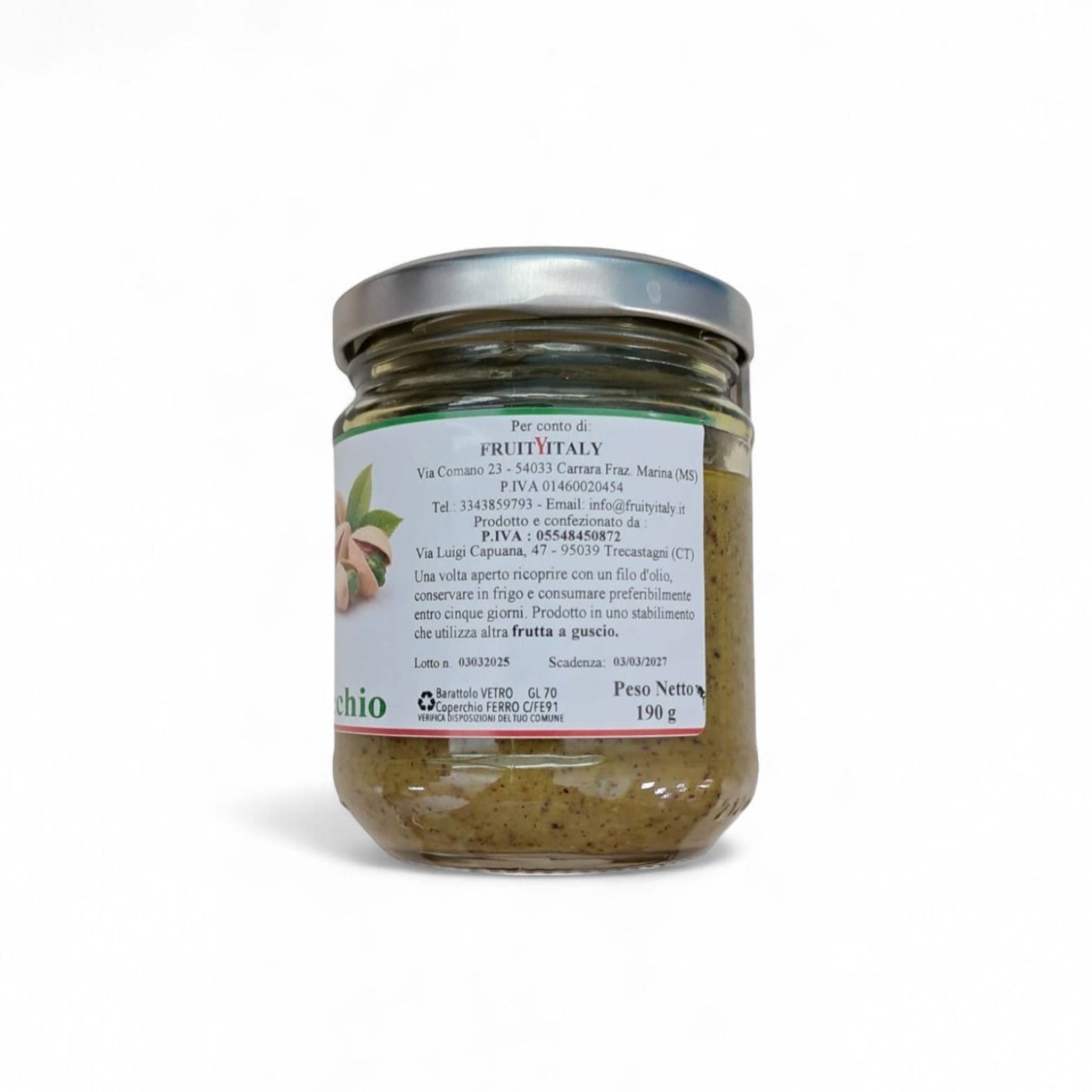 Etichetta retro del pesto di pistacchio FruityItaly con info su ingredienti, peso, conservazione e confezione artigianale siciliana